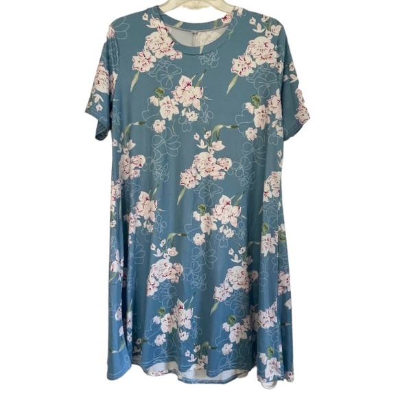 Light Blue Dress with Pink Floral Print, short sleeve, very comfortable, size XL - Picture 1 of 6
